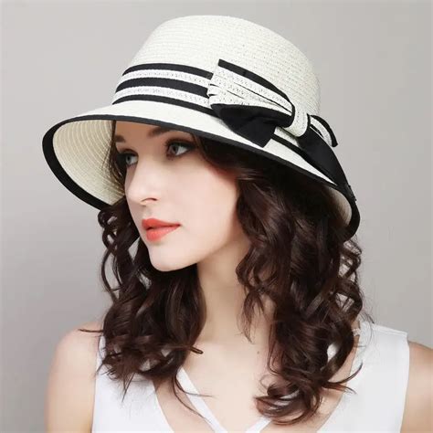 Wide Brim Bow Sun Hat Stripe Elegant Straw Bucket Hats Women Travel Beach Hat Waterproof Fedora