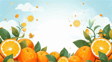 апельсины на синем фоне с бабочкой, летающей в небе | Премиум векторы