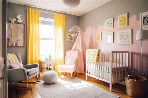 Premium AI Image | A nursery with a pink wall and yellow curtains