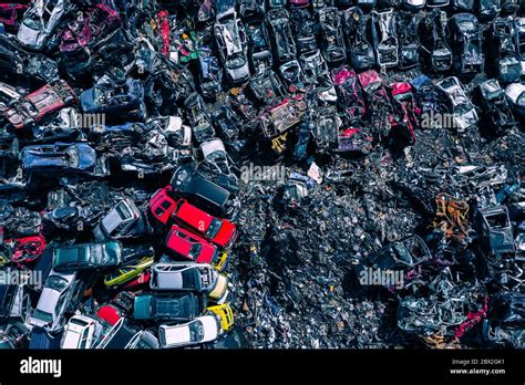 Scrapyard Aerial View Old Rusty Corroded Cars In Car Junkyard Car