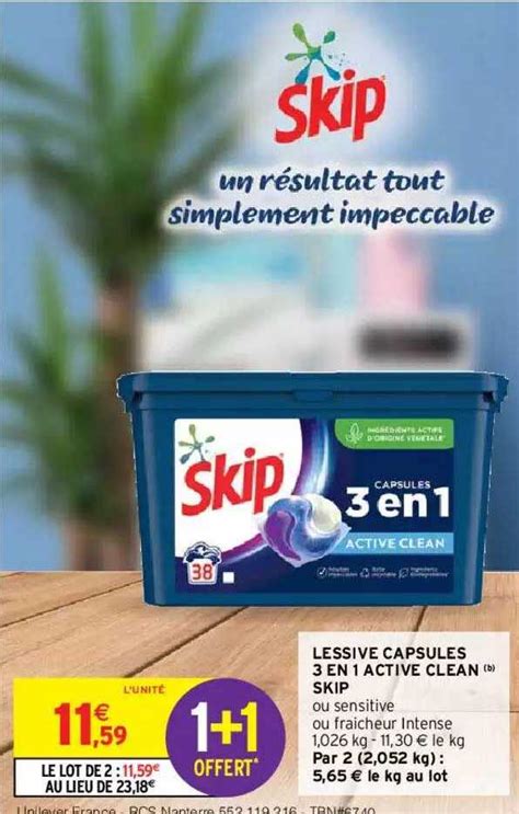 Promo Lessive Capsules 3 En 1 Active Clean Skip chez Intermarché Hyper