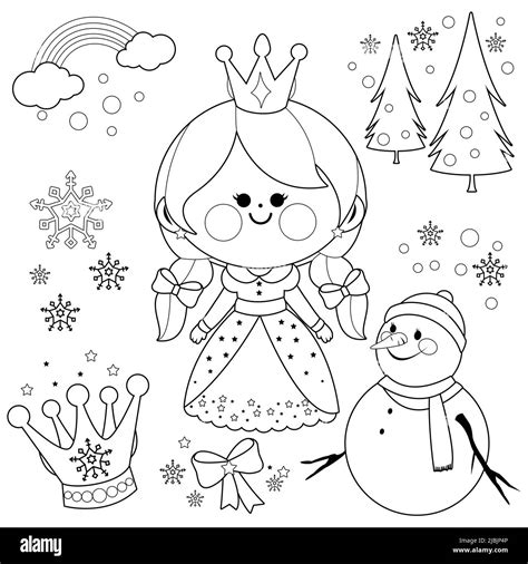 Beautiful Snow Princess And Snowman Black And White Coloring Page