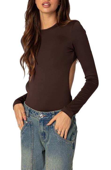 EDIKTED Neta Back Cutout Long Sleeve Bodysuit Brown Editorialist