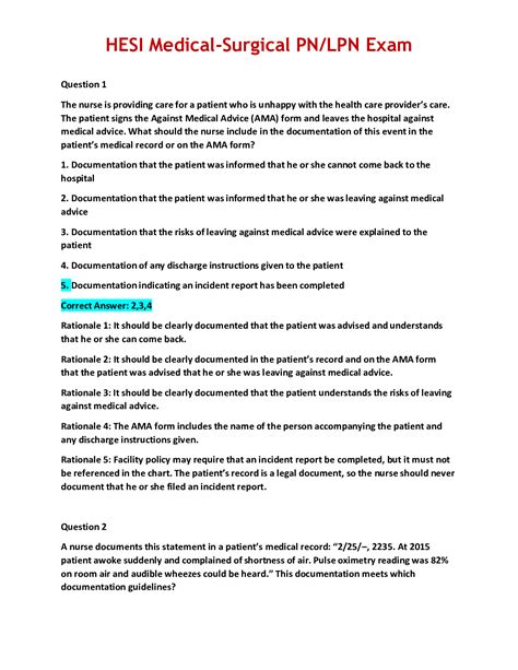 Hesi Medical Surgical Pn Lpn Exam Questions Answers And Rationale