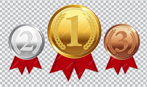 Premium Vector Champion Gold Silver And Bronze Medal With Red Ribbon