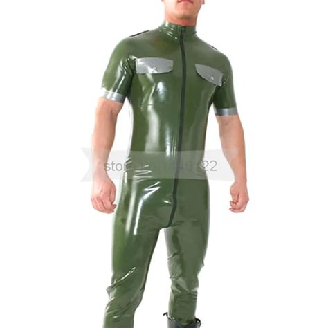 Army Green Male Rubber Latex Bodysuit Handmade Uniform Costume Fashion