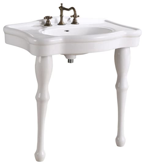 White Console Sink Porcelain Two Spindle Legs With Rose Gold 8 Faucet