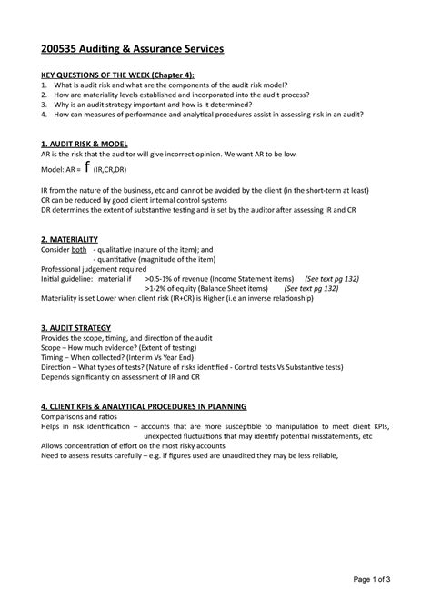 Weekly Summary Chapter Auditing Assurance Services Key