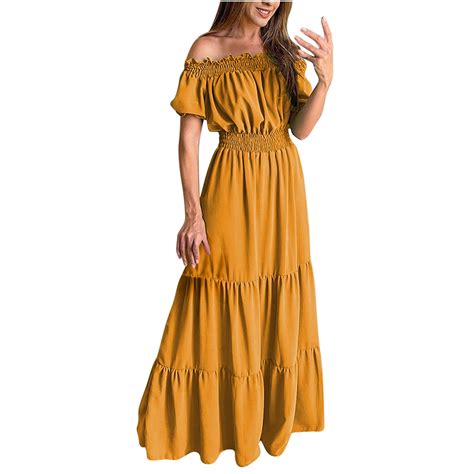 Jalioing Boho Sundress For Women Off Shoulder Ruffle Maxi Dress Pleated Cropped Waist Beach