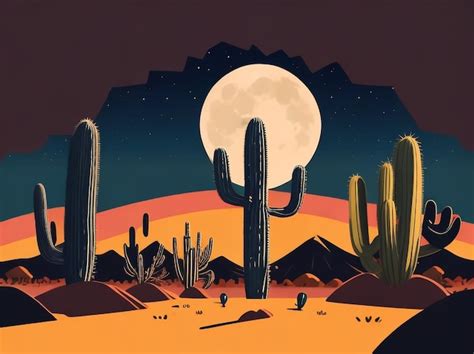 Desierto Iluminado Por La Luna Con Siluetas De Cactus En Arte Vectorial