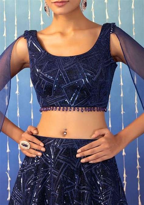 Buy Women Navy Blue Abstract Sequin Embroidered Lehenga Set With