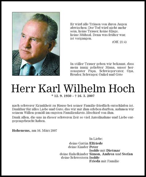 Todesanzeigen Von Karl Wilhelm Hoch Todesanzeigen Vorarlberger