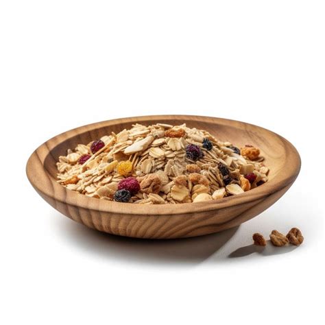 Dry Sweet Oatmeal Muesli With Pieces Of Fruit In A Wooden Plate On A