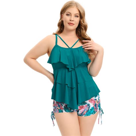 Plus Size Floral Print Green Layered Strappy High Waisted Swimsuit Plus Curvves