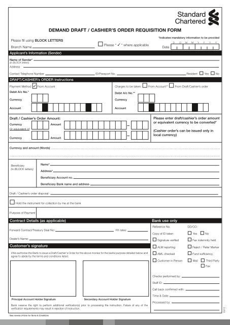 Demand Draft Cashier S Order Requisition Form Standard Chartered