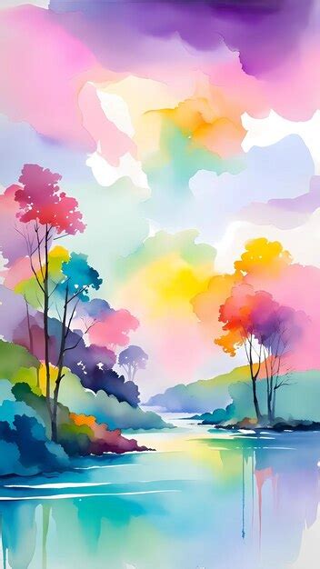 Premium AI Image | Beautiful lake scenery landscape watercolor digital ...