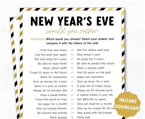 New Years Eve Would You Rather Printable Game New Year Party Game