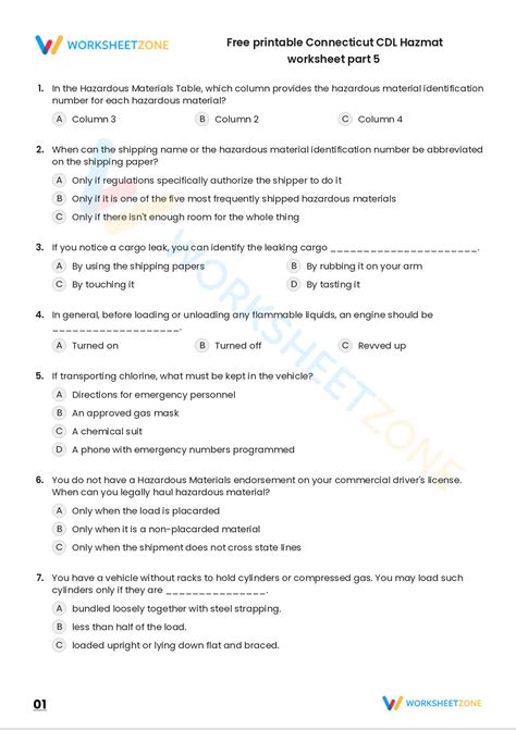 Free Printable Connecticut CDL Hazmat Worksheet Part 5 Worksheet Zone