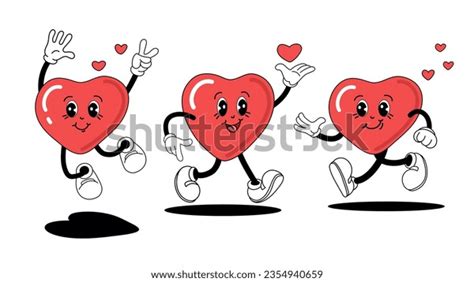 Set Cute Heart Characters Retro Style Stock Vector Royalty Free