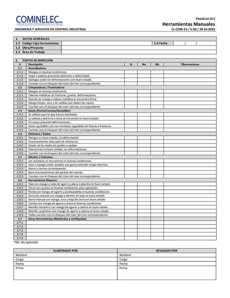 Check List Herramientas Manuales INGENIERIA Y SERVICIOS EN CONTROL