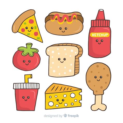 Pack Comida Rápida Kawaii Dibujada A Mano Vector Gratis