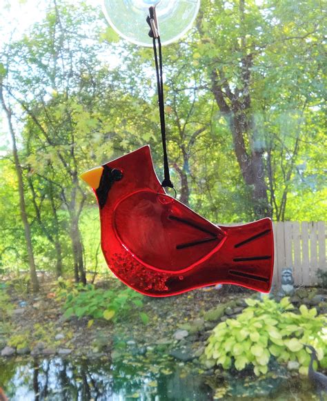 Fused Glass Cardinal Suncatcher Red Fused Glass Bird Garden Etsy