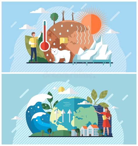 Conjunto De Ilustrações Sobre Alterações Climáticas Aumento Do Nível Da