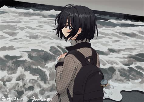 Safebooru 1girl Backpack Bag Bangs Beach Black Bag Black Eyes Blush Grey Sky Highres Horizon