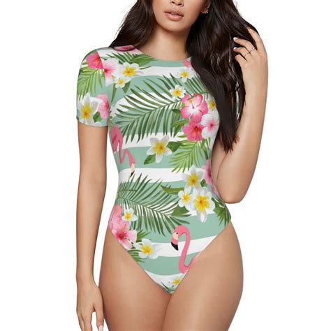 Gaeub Tropical Flamingo Womens Short Sleeve One Piece Swimsuit Sexy