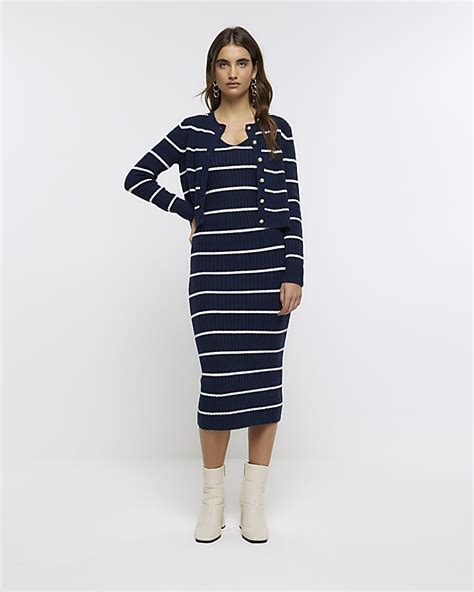 Navy Knit Stripe Bodycon Midi Dress Set River Island