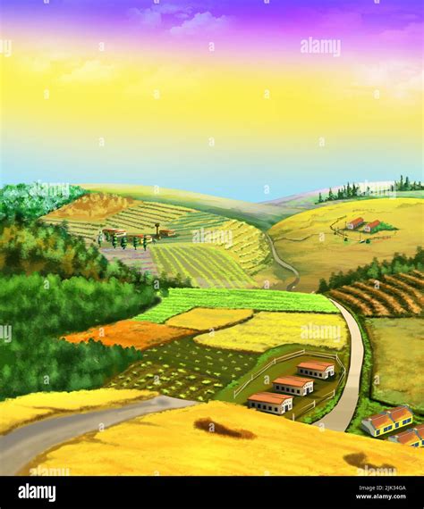 Farm agricultural fields on a sunny morning. Digital Painting ...