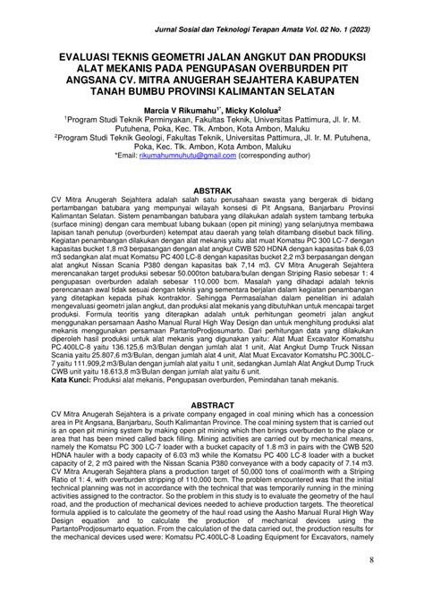 Pdf Evaluasi Teknis Geometri Jalan Angkut Dan Produksi Alat Mekanis