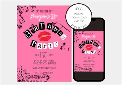 Invitación de cumpleaños de Mean Girls editable Descarga digital