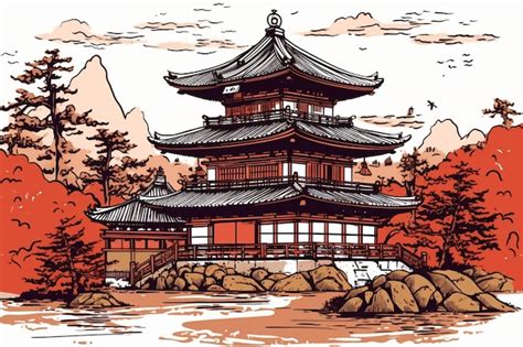 Premium AI Image | A drawing of a japanese temple in a landscape