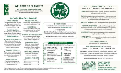 Clancys Old Town Scottsdale Food Menu