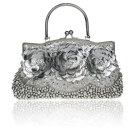 Silver Chinese Womens Beaded Sequined Banquet Handbag Clutch Wedding