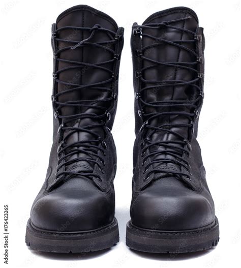 Pair Of Black Military Style Leather Boots Isolated Front View Stock