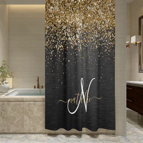 Custom Gold Glitter Black Sparkle Monogram Shower Curtain Zazzle