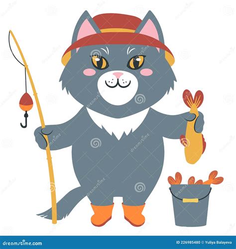 Vector Illustration Of A Cute Cartoon Cat With A Fishing Rod And A Fish