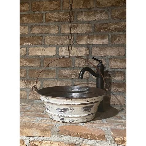 Simplycopper 15 Round Copper Vessel Bucket Bathroom Sink With Antique White Exterior And Aged