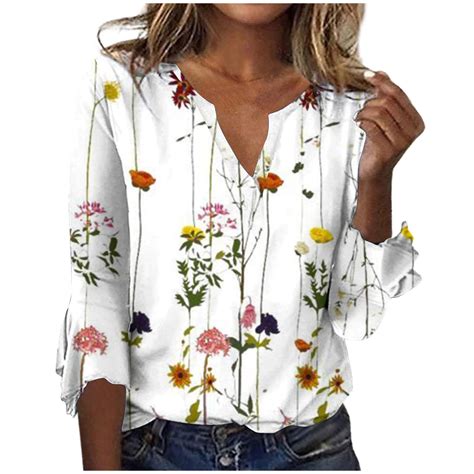 Leavingsuo Womens Tops Clearance Under 5 Fashion Womens Summer V Neck 34 Sleeve Print Casual