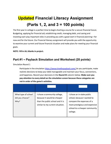 Financial Literacy Project Updated Financial Literacy Assignment