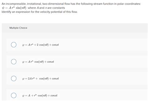 Solved An Incompressible Irrotational Two Dimensional Flow Chegg