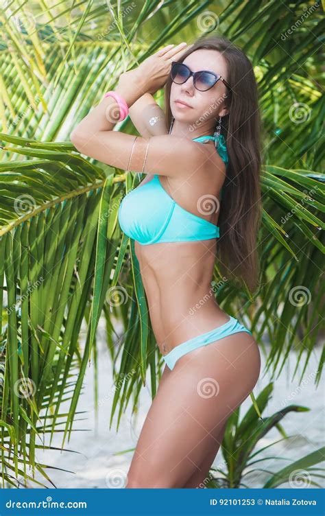 Woman In Bikini Under Palm On Sea Background Stock Image Image Of