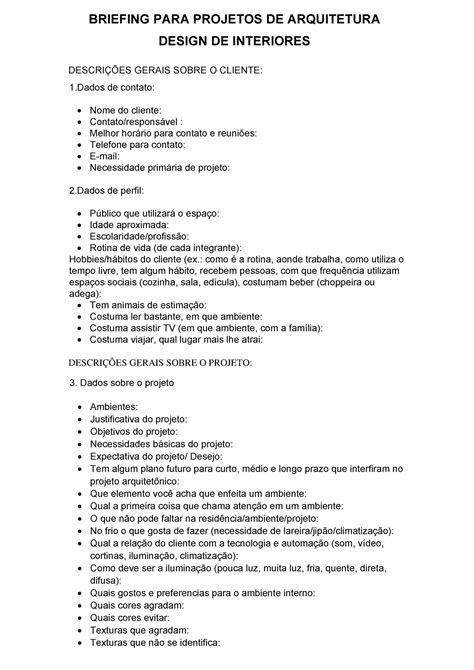 Briefing Para Projetos De Arquitetura Design De Interiores Residenciais