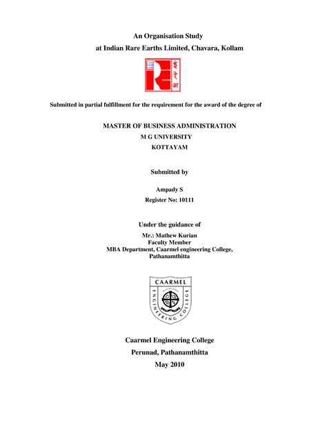 Organisation Study Indian Rare Earths Limited Pdf