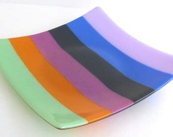 Square Fused Glass Plate In Stripes Of Green By Bprdesigns Etsy