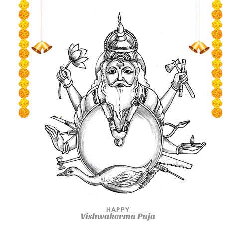 Hand Draw Hindu God Vishwakarma Sketch And Vishwakarma Puja Celebration