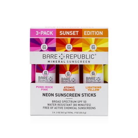 Buy Bare Republic Mineral Spf 50 Neon Sunscreen Stick 3 Pack Sunset