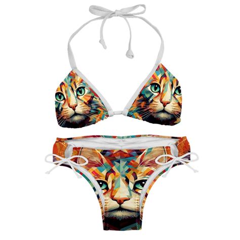 Retro Cat Adjustable Strap Detachable Sponge Bikini Set Two Pack For Beach And Pool Parties